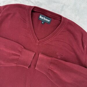 Barbour Essential V Neck Burgundy Cotton Sweater XL‎ Embroidered Logo Mens XL